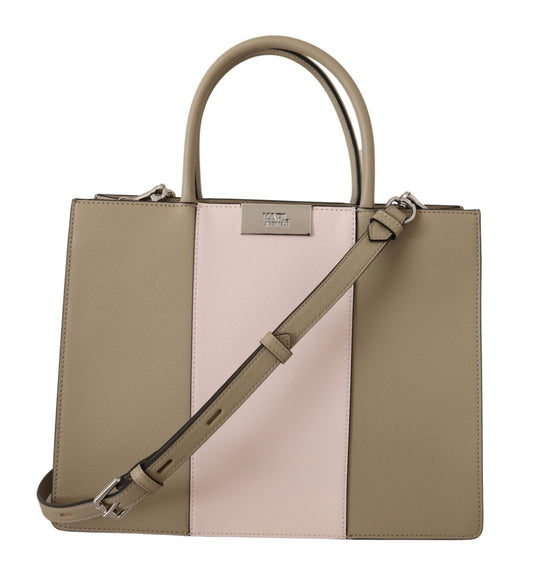 Tan and pink leather handbag with strap