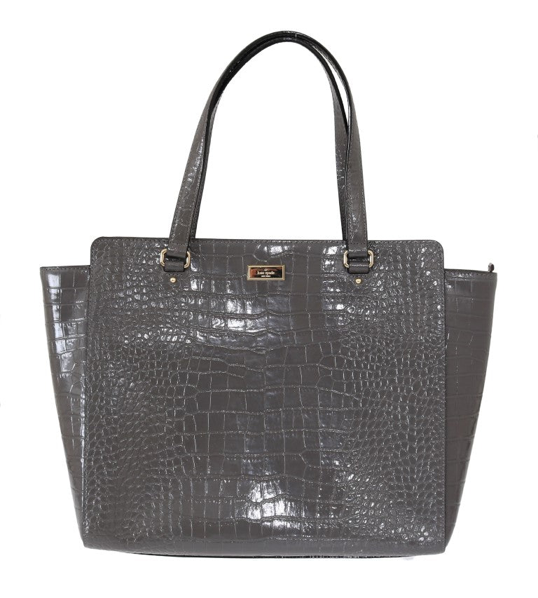 Grey crocodile skin handbag with gold accents
