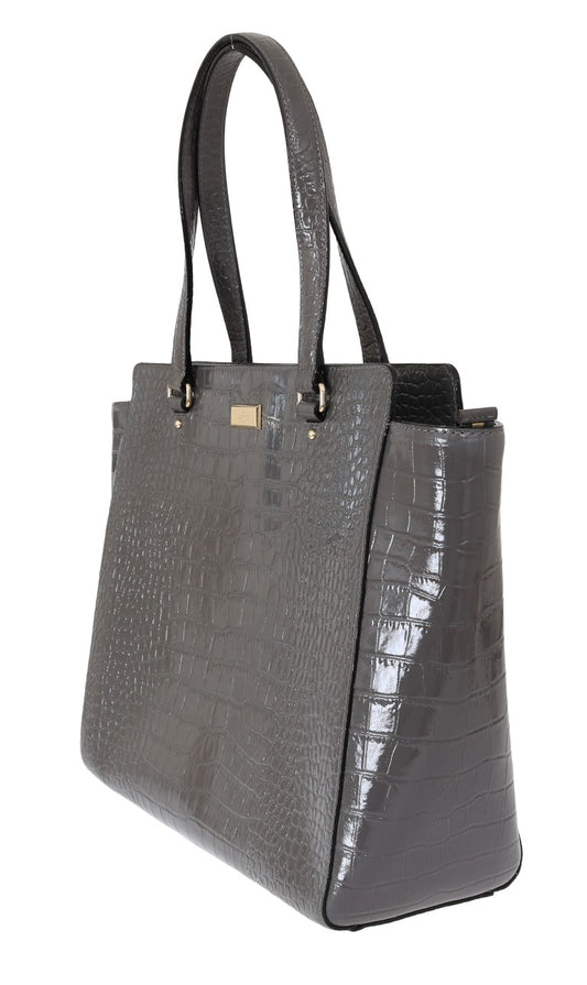 Large grey crocodile skin handbag with gold accents