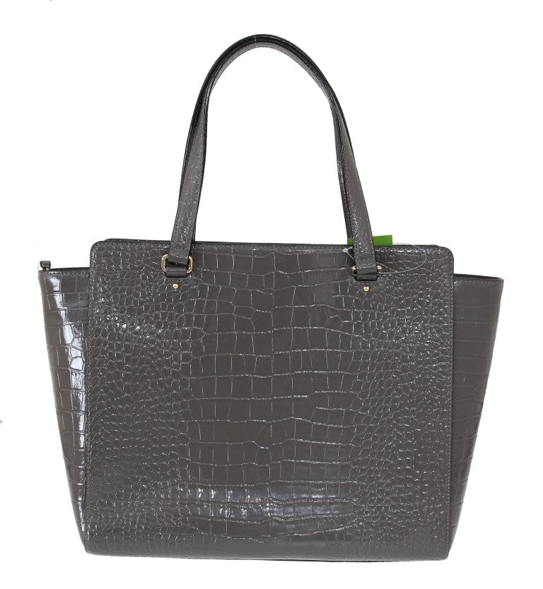 Grey crocodile skin handbag with two handles and a zippered top