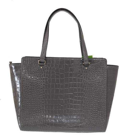 Grey crocodile skin handbag with two handles and a zippered top