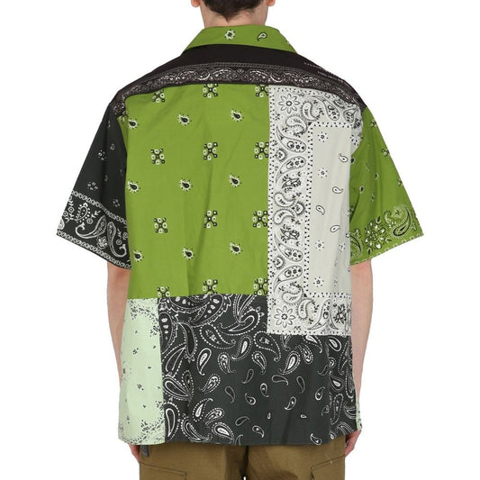 Black backpack with green, white, and black bandana designs