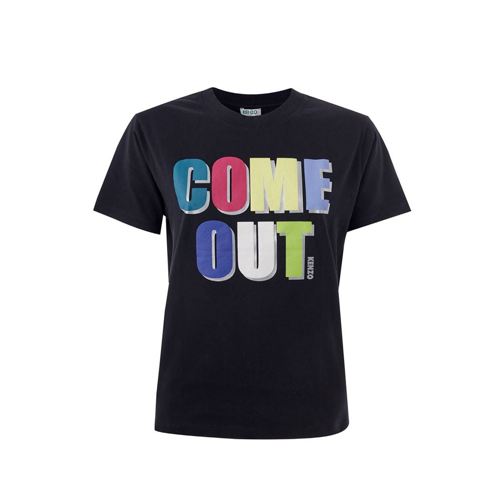 Black t-shirt with colorful rainbow letters spelling "COME OUT"
