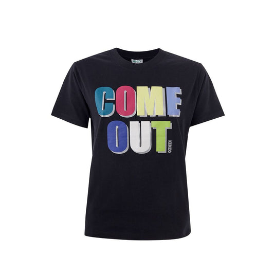 Black t-shirt with colorful rainbow letters spelling "COME OUT"