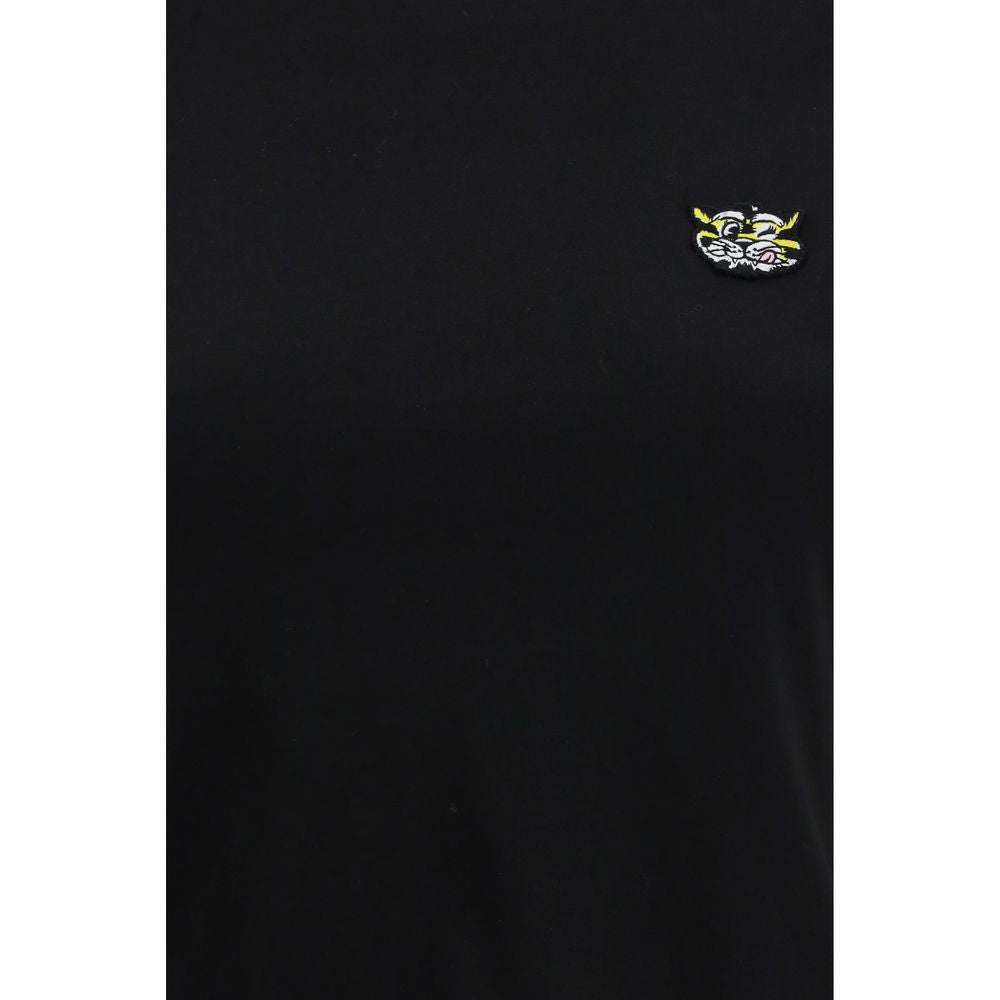 A black cotton t-shirt with a small graphic on the left chest area