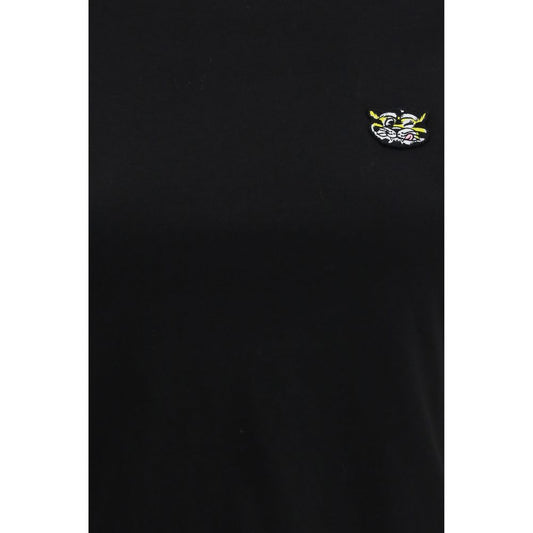 A black cotton t-shirt with a small graphic on the left chest area