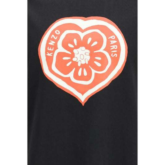 A black cotton t-shirt with a red heart design on the front