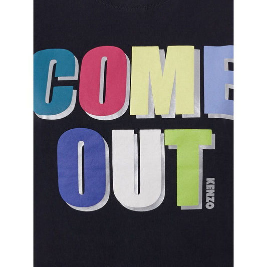 Black t-shirt with colorful letters spelling "come out"
