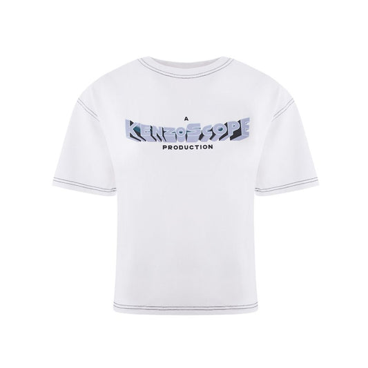 White t-shirt with blue graphic print