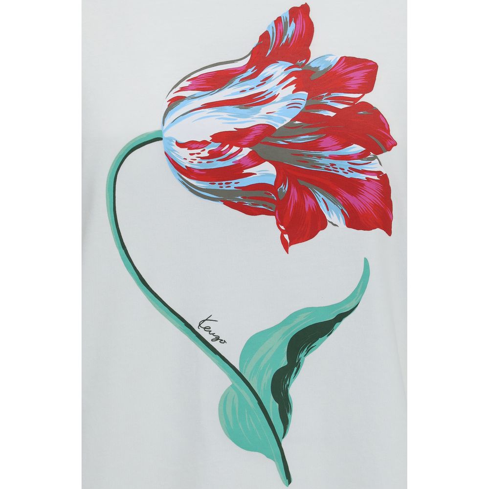 A white cotton t-shirt with a red and blue flower design on the front