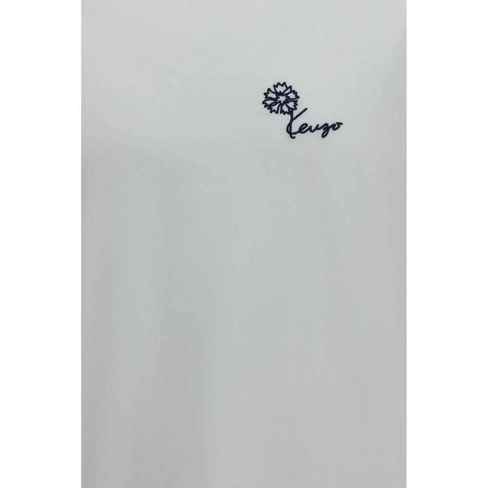 A white cotton t-shirt with a small black flower design on the front