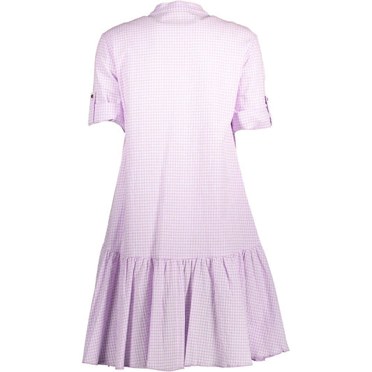 Purple cotton dress with ruffles on sleeves and hem