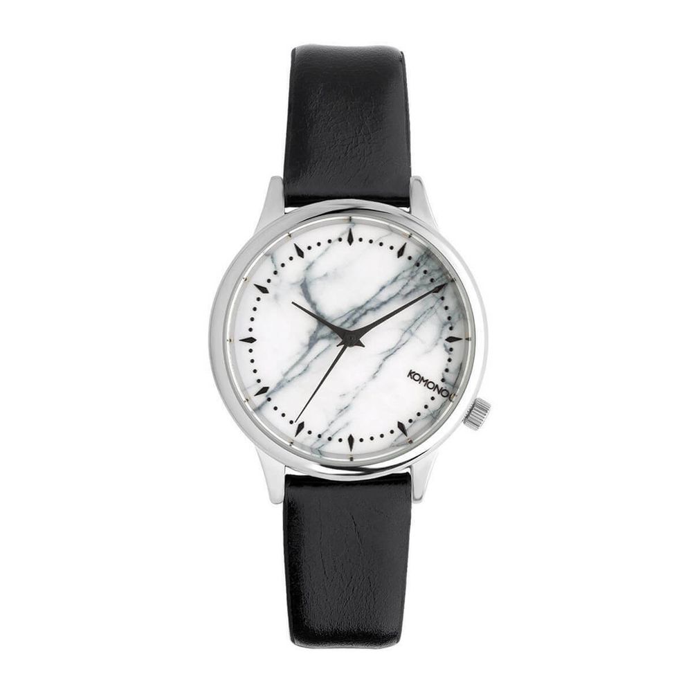 A black leather watch with a white marble face and silver hands