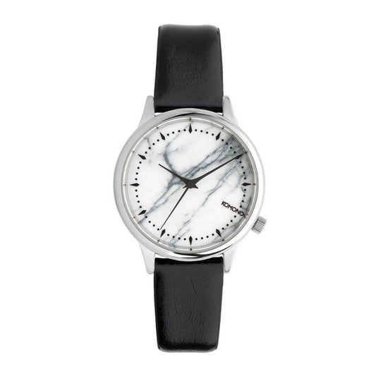 A black leather watch with a white marble face and silver hands