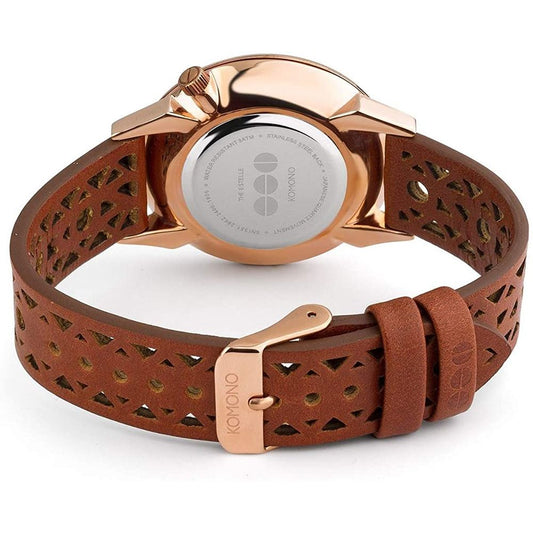 A brown leather watch with a copper face and silver accents