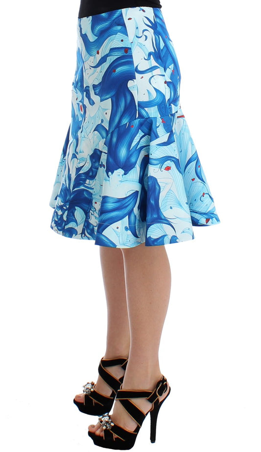 Blue patterned skirt worn by a woman