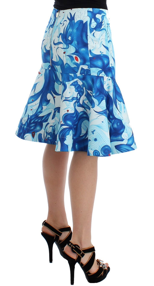 Blue floral skirt worn by a woman