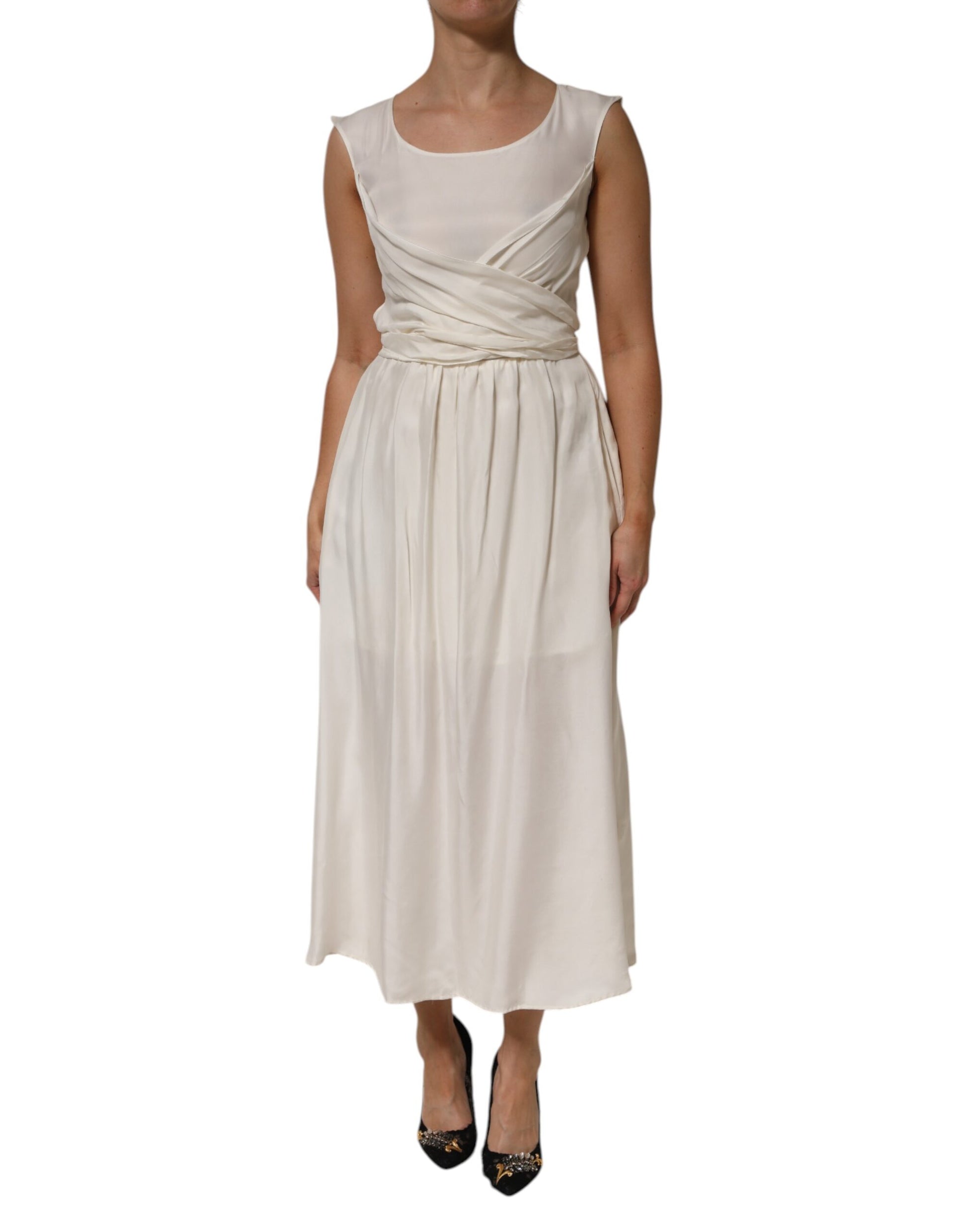 Ivory white sleeveless maxi dress with cupro viscose fabric