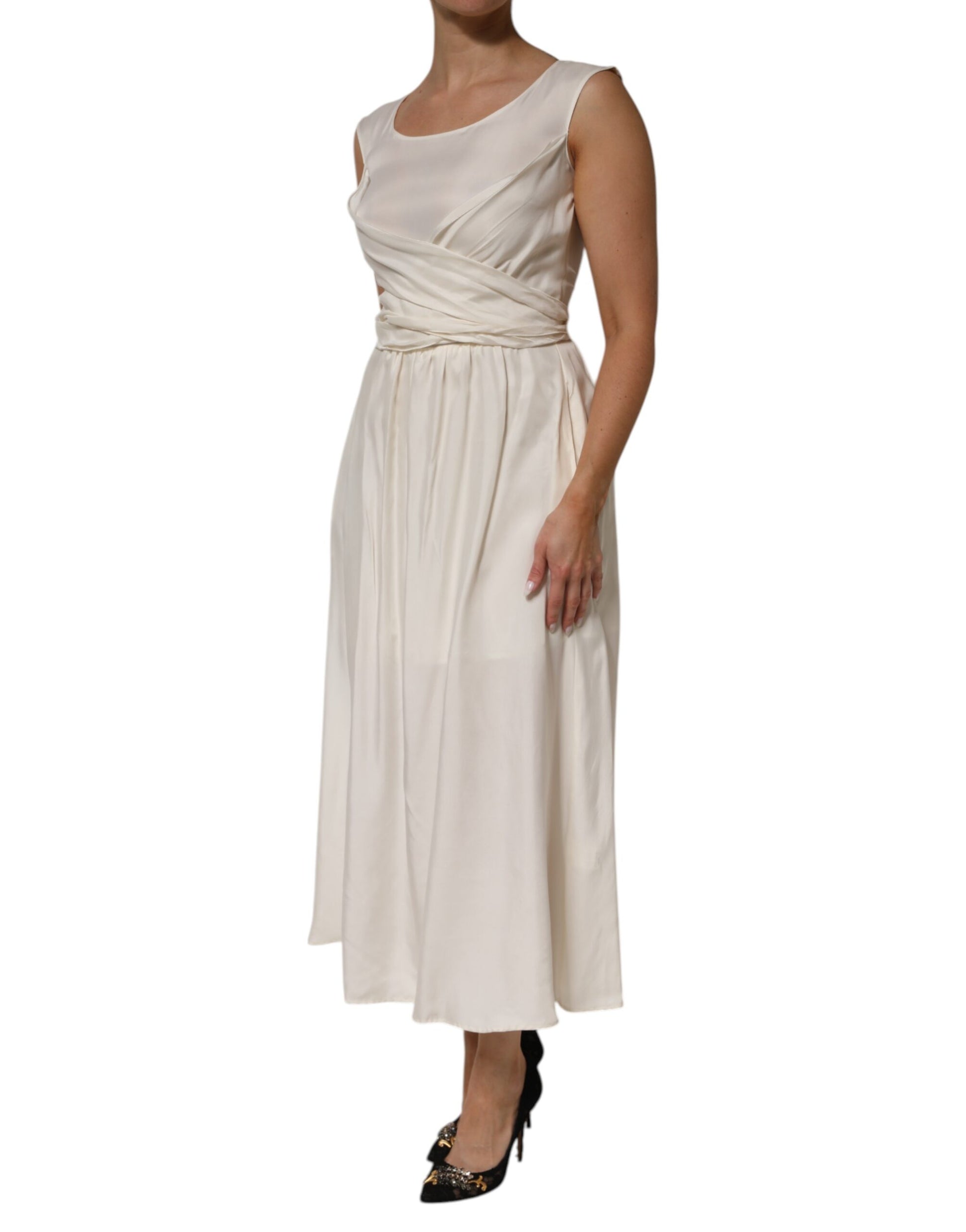 Ivory white sleeveless maxi dress with cupro and viscose blend