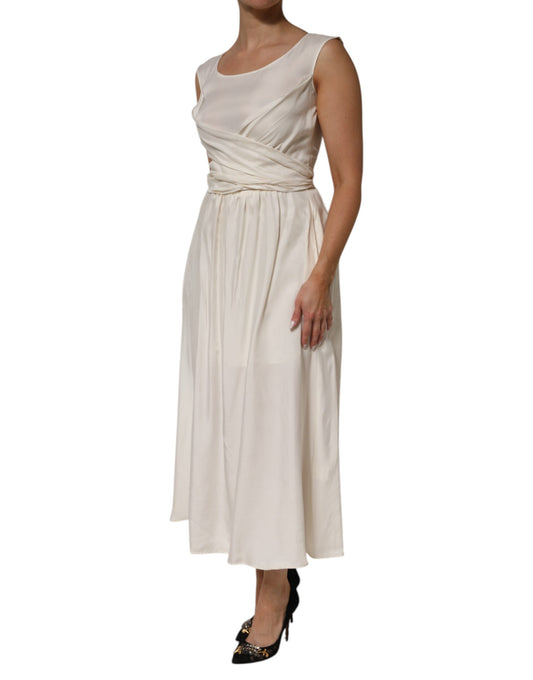 Ivory white sleeveless maxi dress with cupro and viscose blend