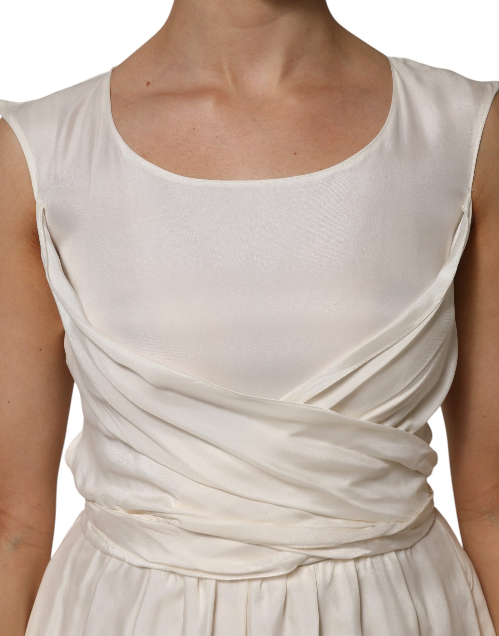 Ivory white sleeveless maxi dress with cupro and viscose blend