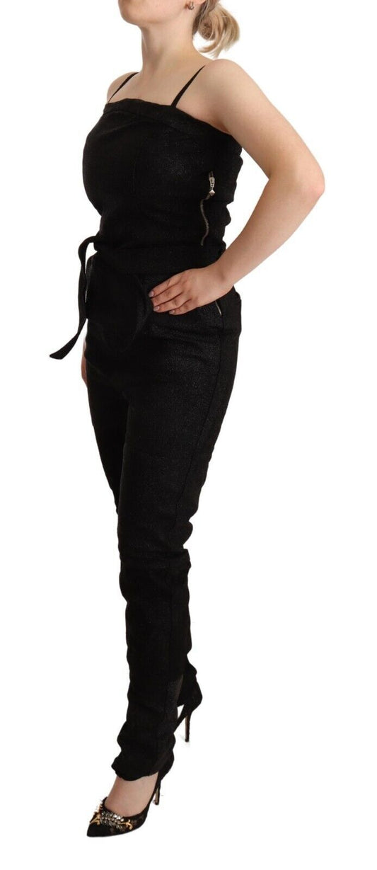 A black spaghetti strap jumpsuit dress with a fitted bodice and flared legs