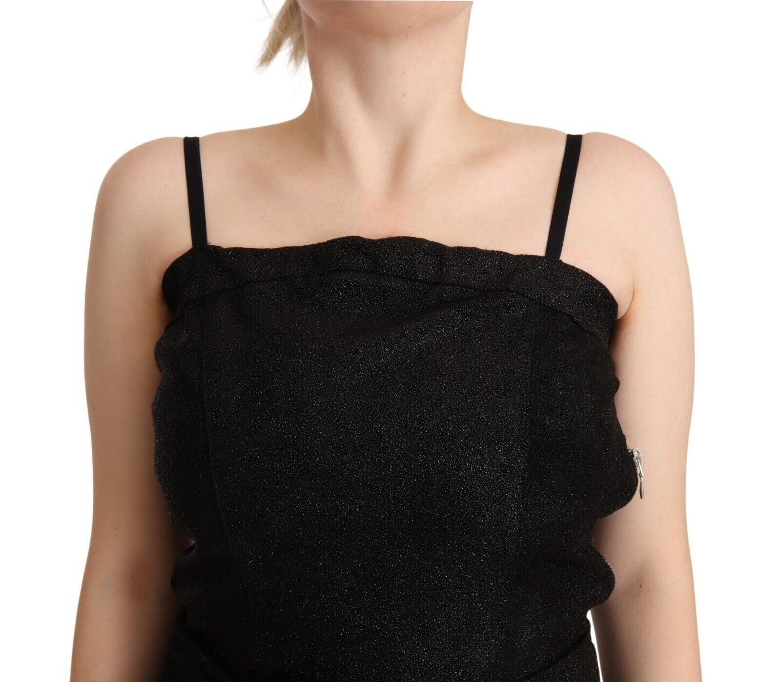 A black spaghetti strap jumpsuit dress with a glittery texture