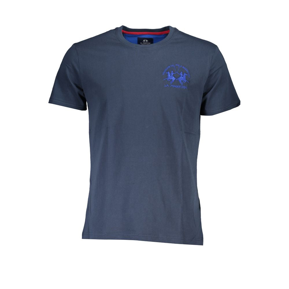 Navy blue short sleeve t-shirt with embroidered emblem on front