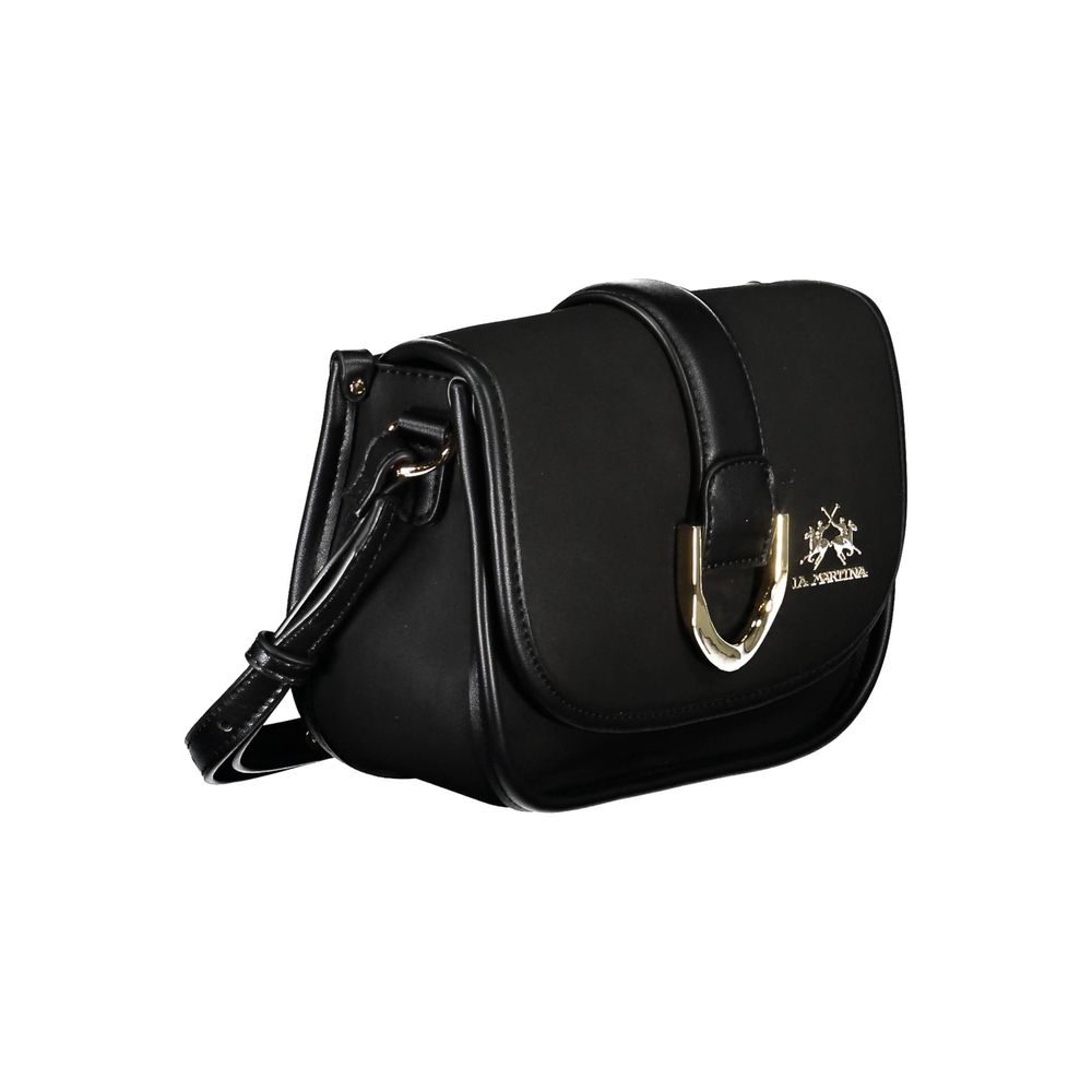 Black leather crossbody bag with gold hardware
