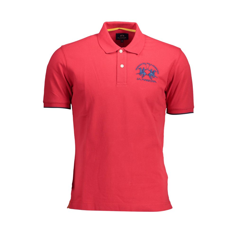 Red polo shirt with logo on front