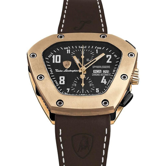 A black leather watch with a gold face and hands