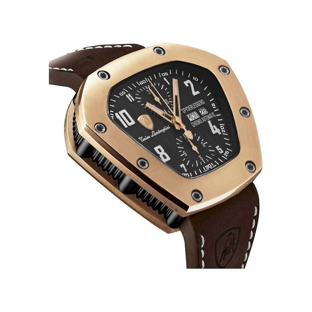 A black leather watch with a gold face and hands, featuring a logo on the dial