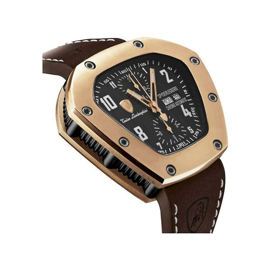 A black leather watch with a gold face and hands, featuring a logo on the dial