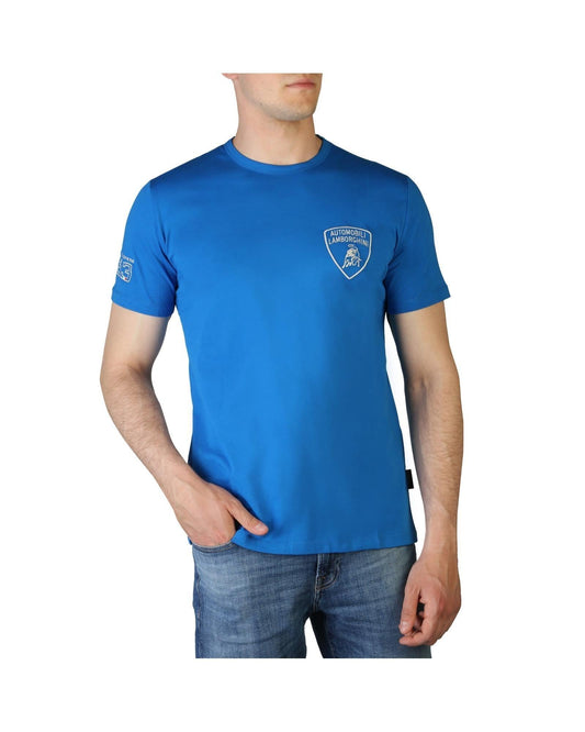 A blue cotton t-shirt with a logo on the front