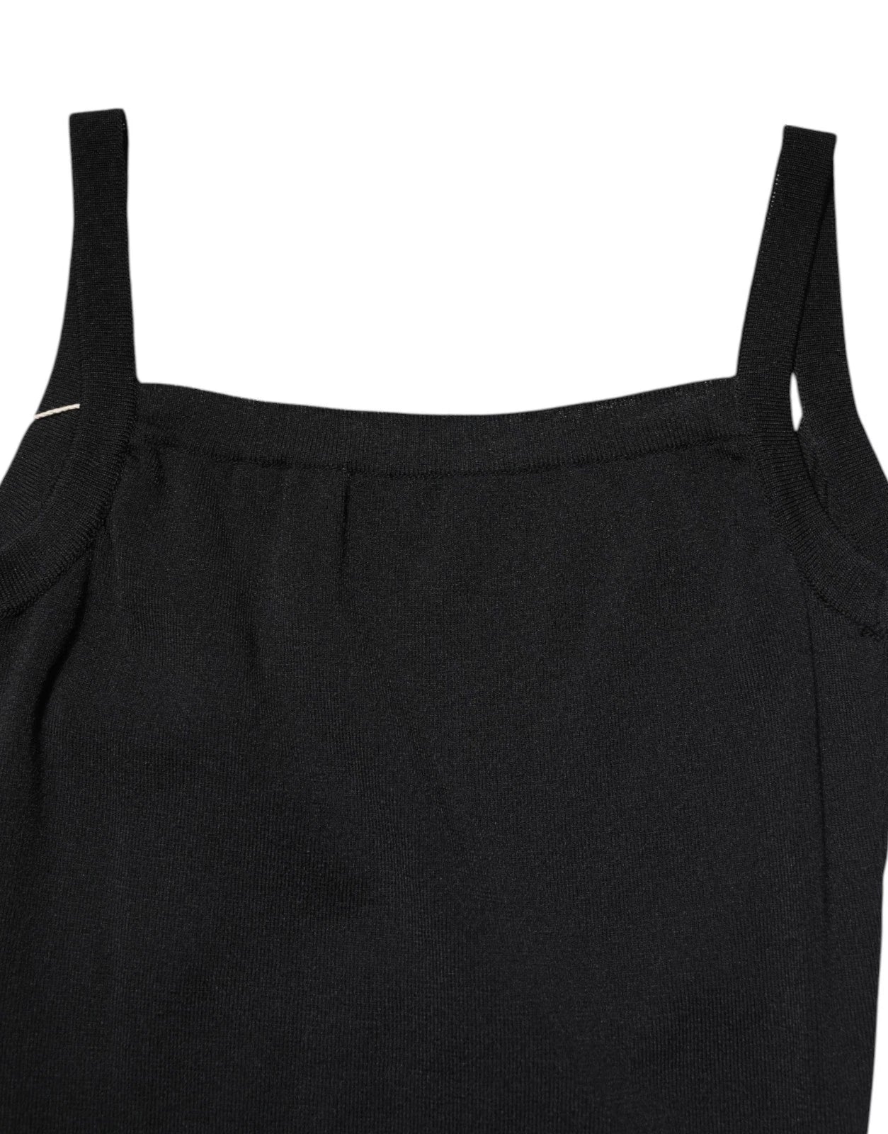 A black dress with a square neckline and ruched detailing