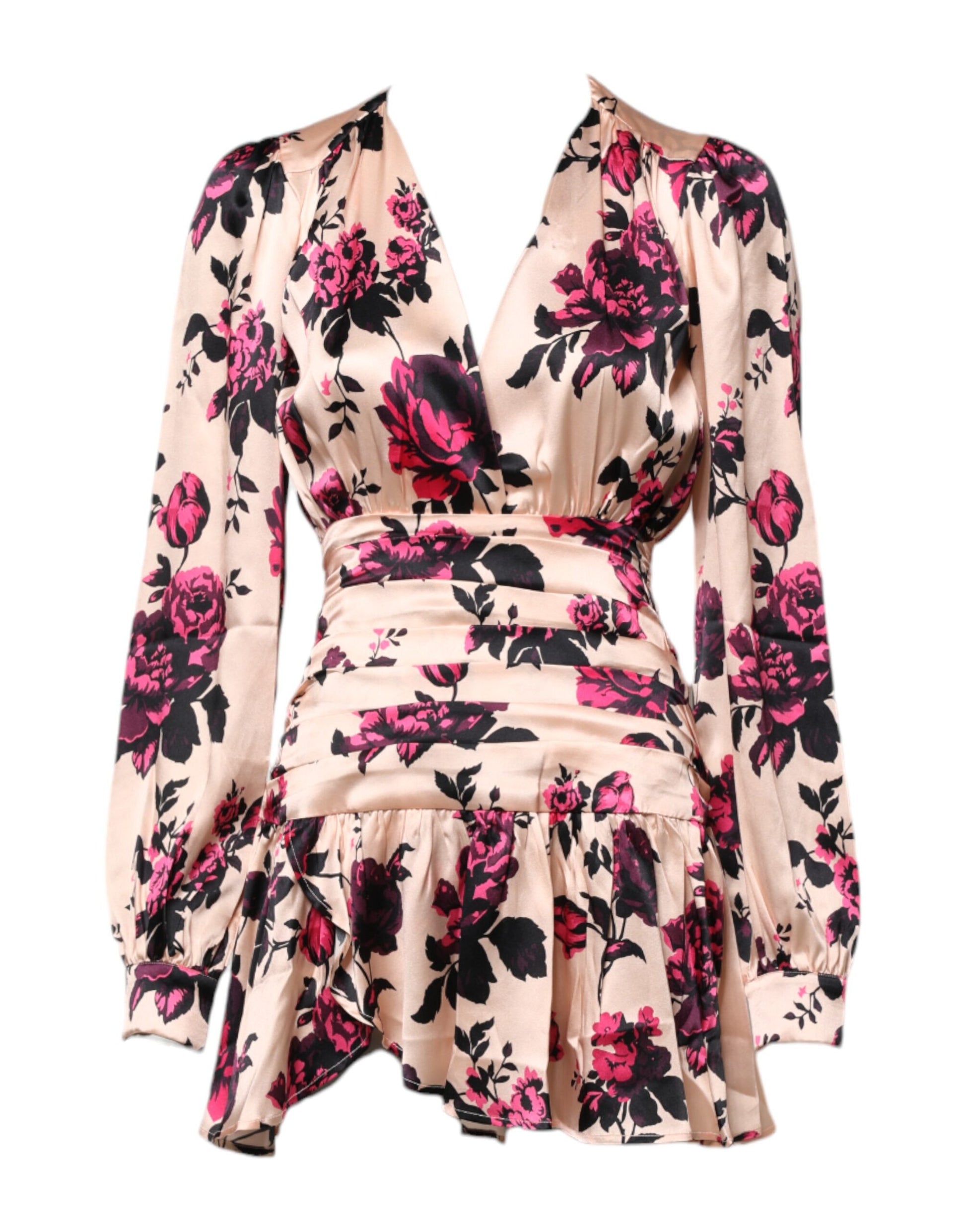 A pink floral silk dress with long sleeves and a V-neck