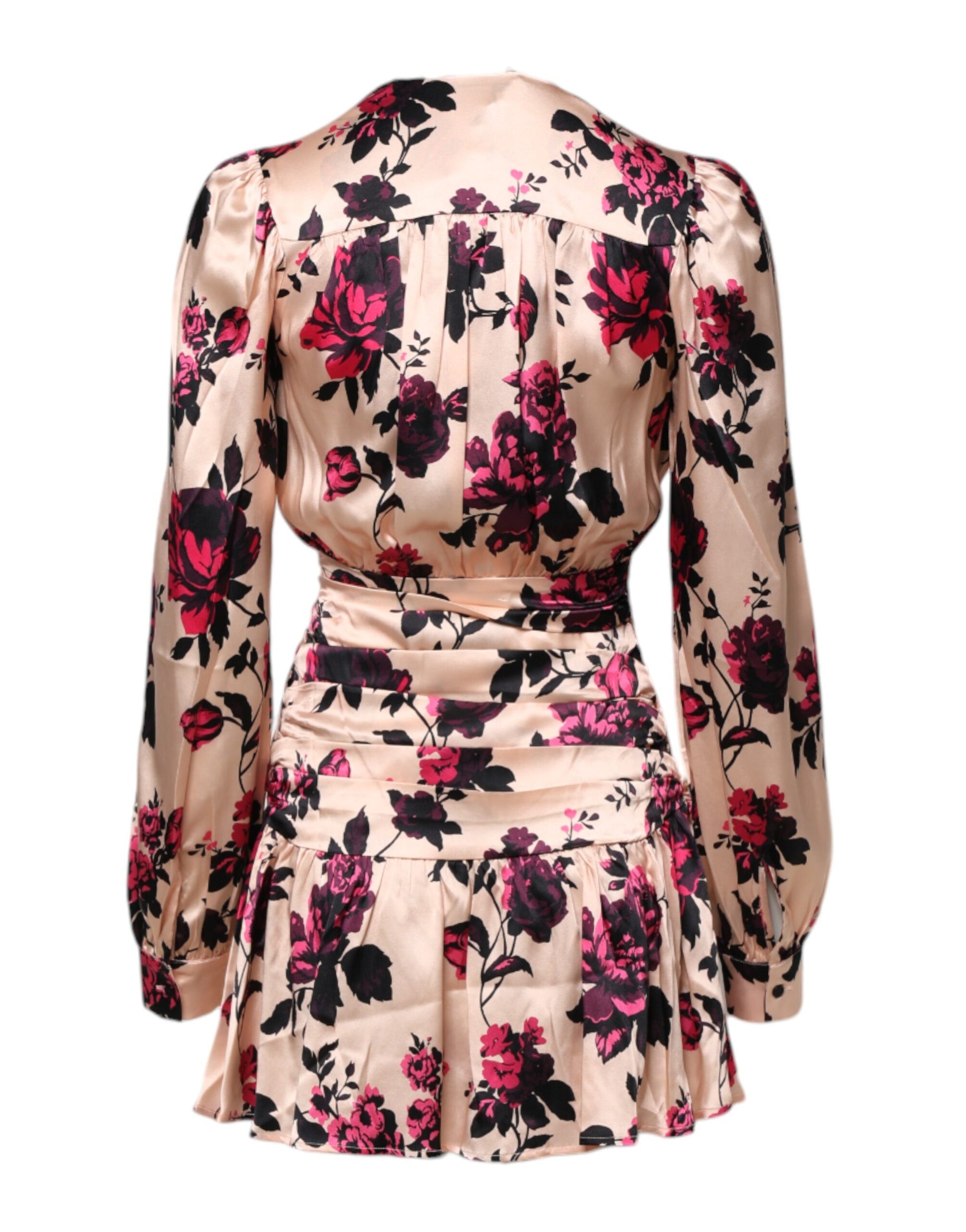A long sleeve floral dress with a V-neck and wrap style