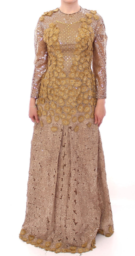 Long gold sequined dress worn by woman