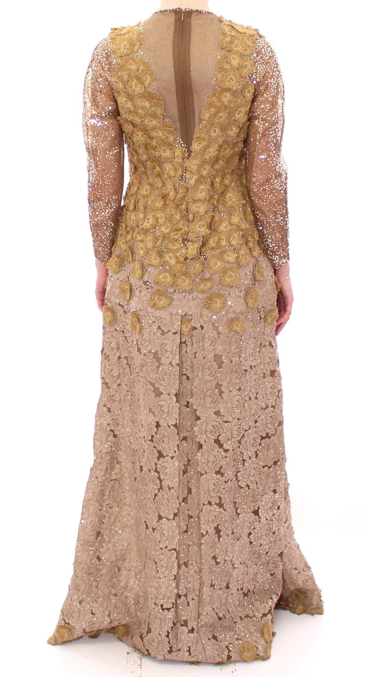 Long gold sequined dress with backless design