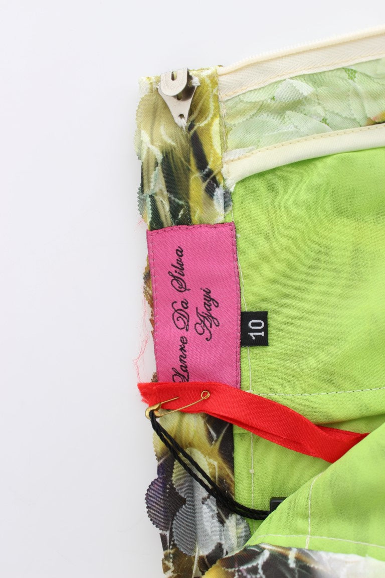 Green fabric with red stitching and tags