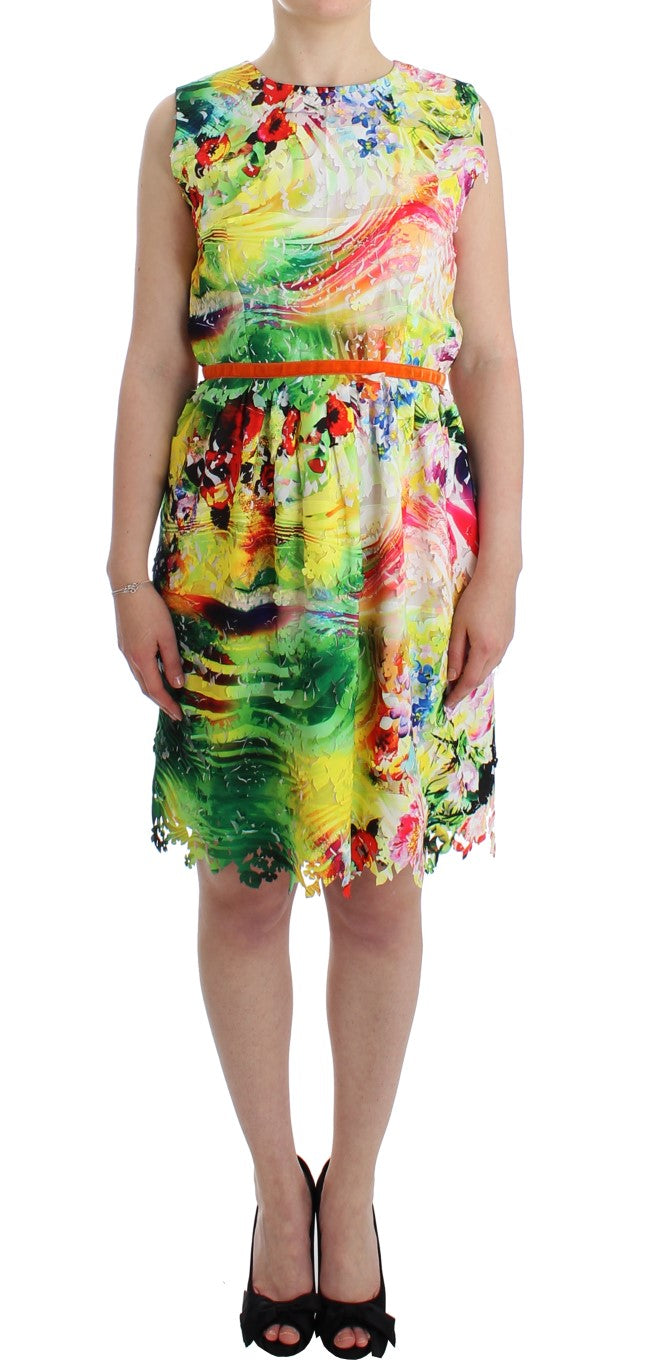 Colorful floral print dress on a woman