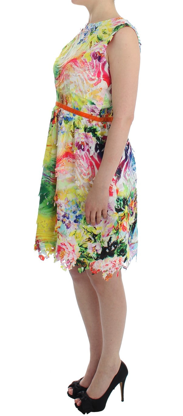 Colorful floral print dress with belt