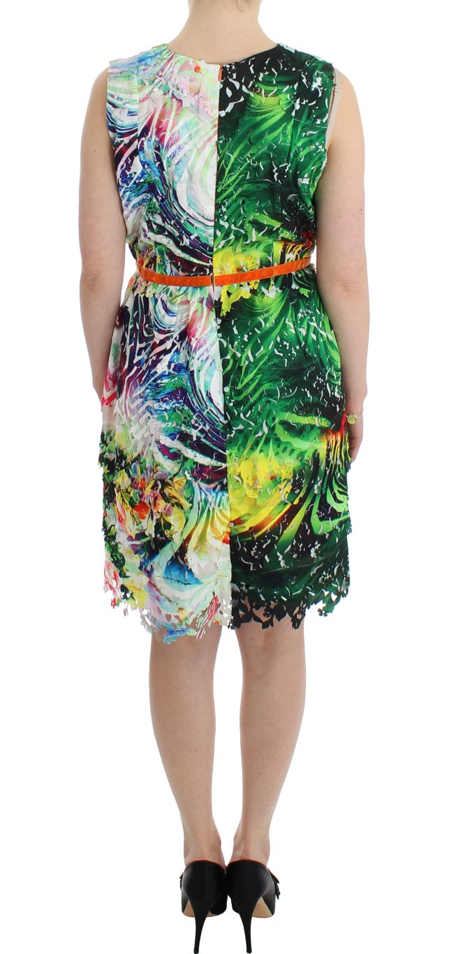 Colorful sleeveless dress with a belt at the waist
