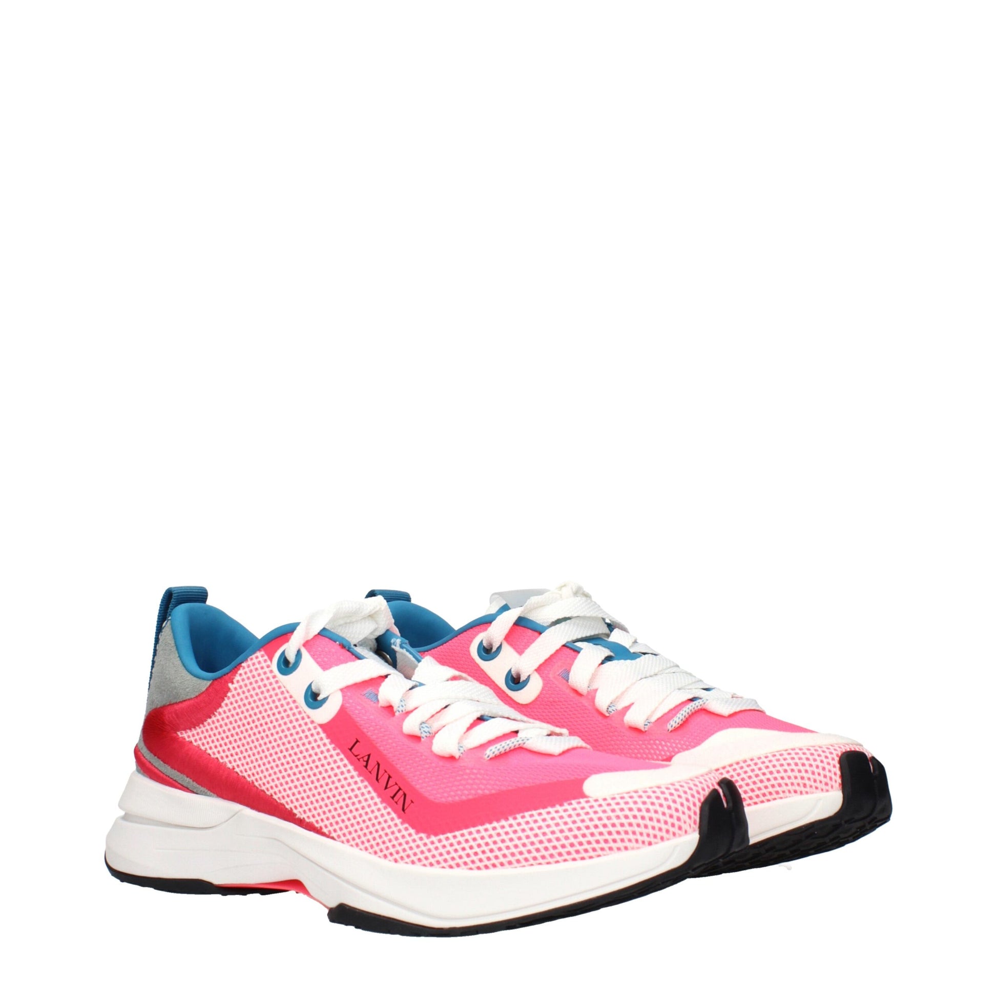 Pair of pink athletic sneakers with white laces, black soles and a logo on the side