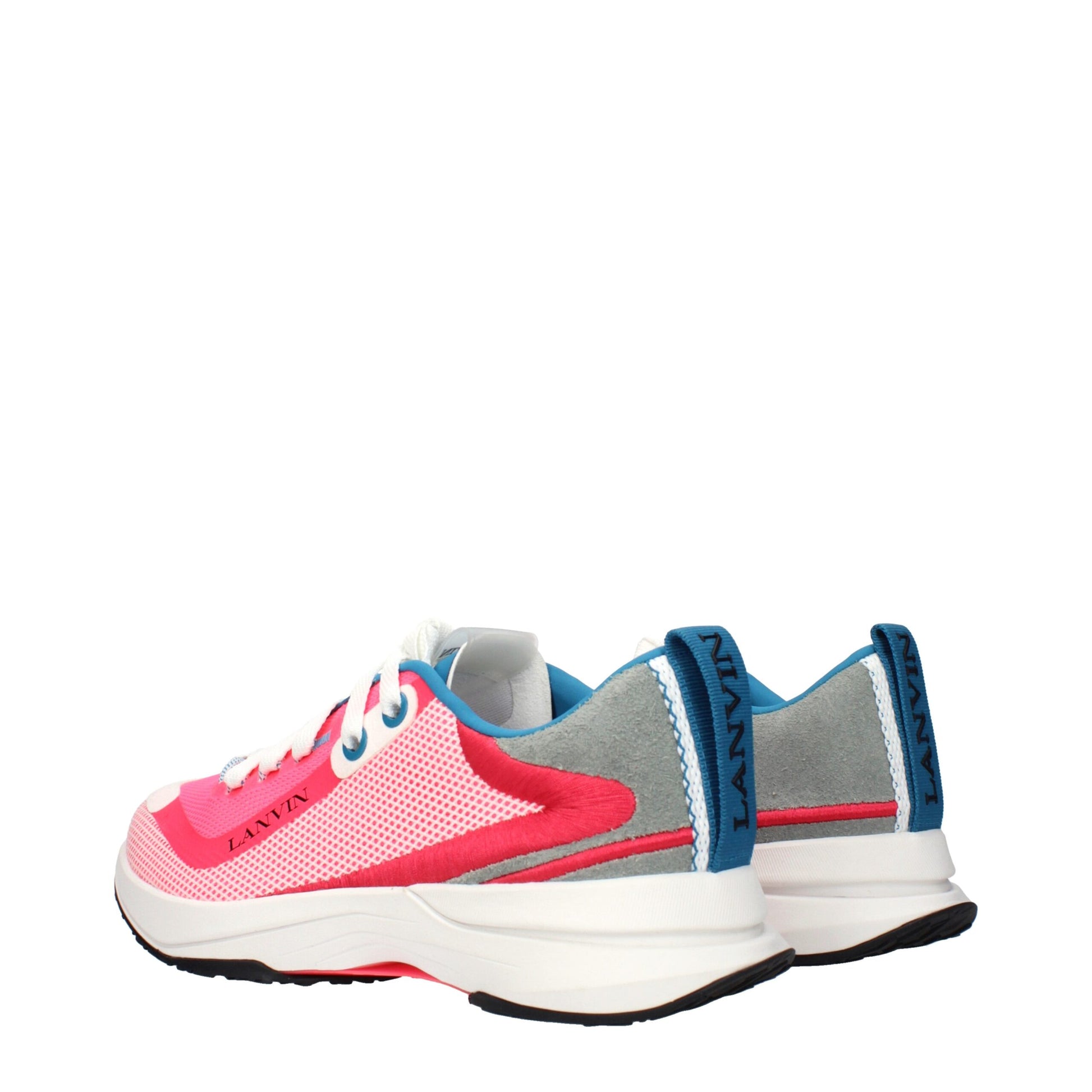 A pair of pink athletic sneakers with white laces, featuring a gray and blue pattern on the side