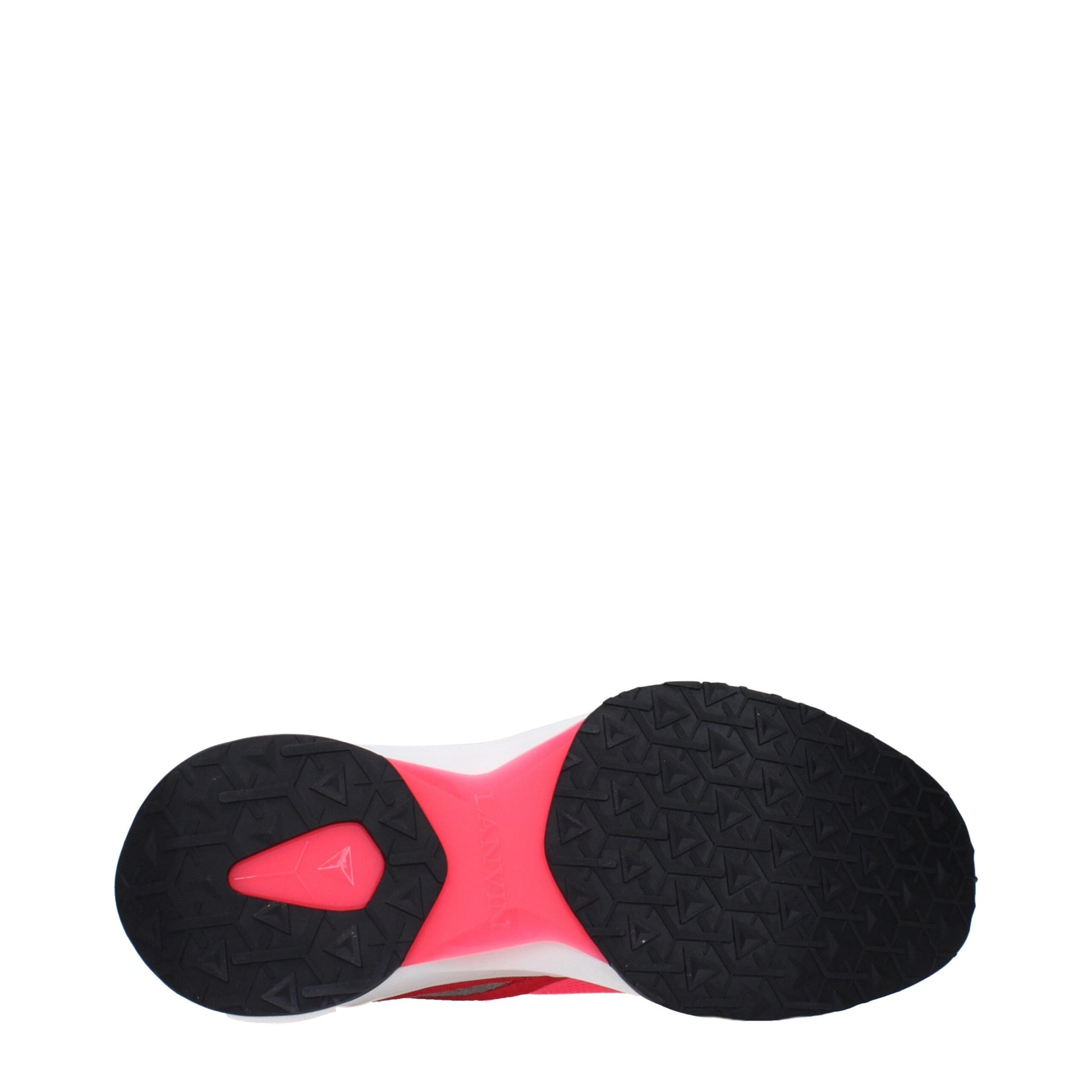 A pair of pink athletic sneakers with black soles, featuring a logo on the side and a pull tab at the back