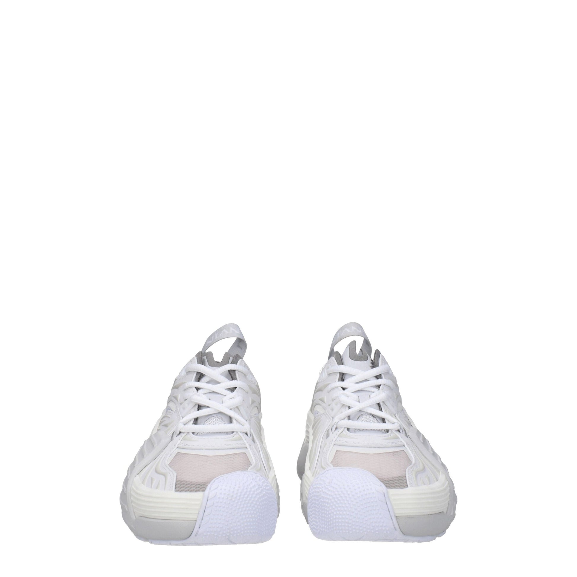 Pair of white leather athletic sneakers with laces, featuring a textured upper and a low-top design