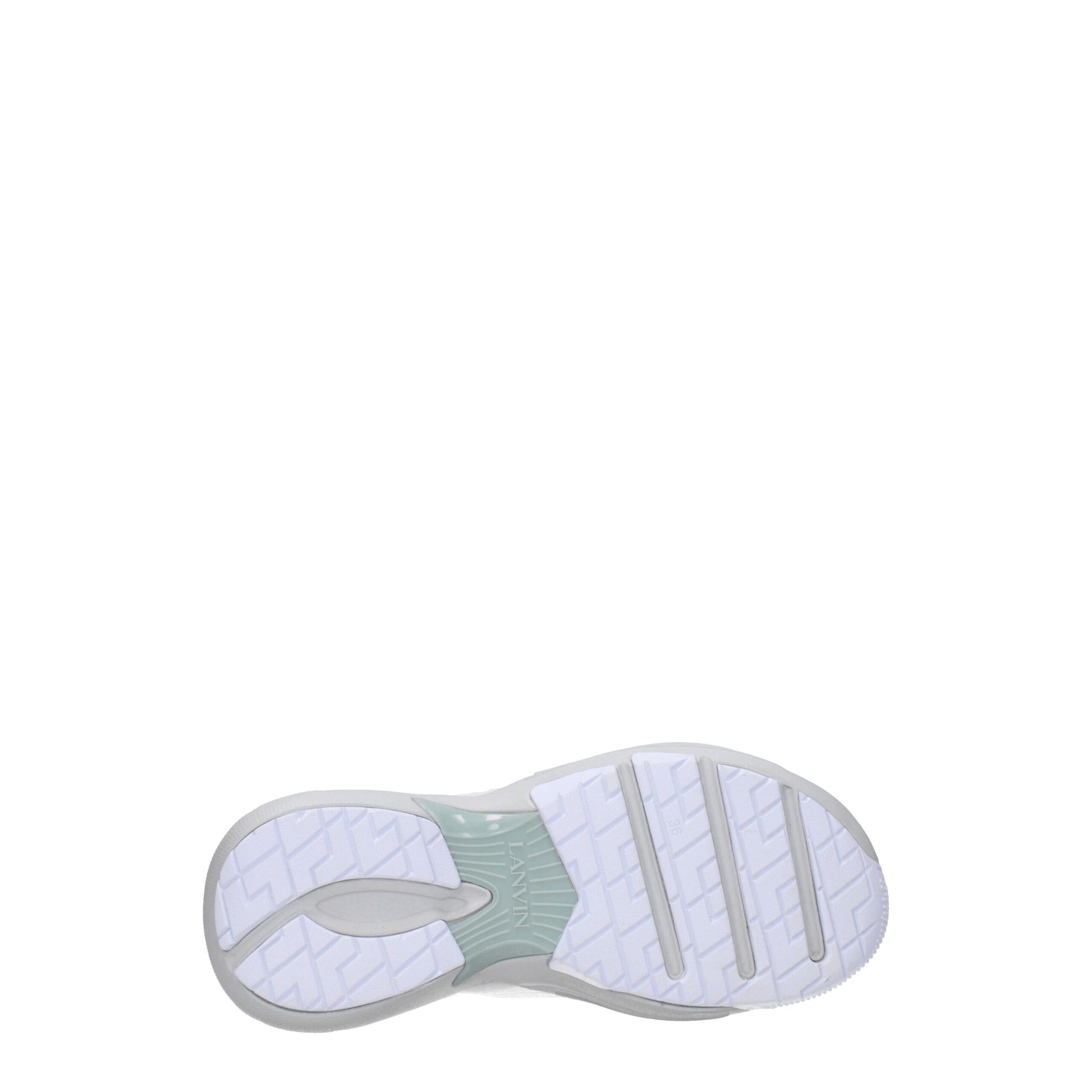 A single white leather athletic shoe with a gray sole, featuring a lace-up closure and a logo on the side