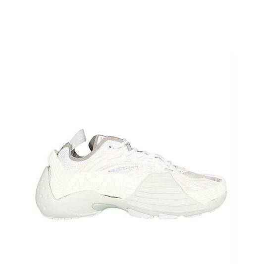 White sneaker with laces, sole design, and side panel details