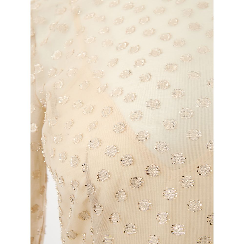 A beige cotton cocktail dress with sequin embellishments